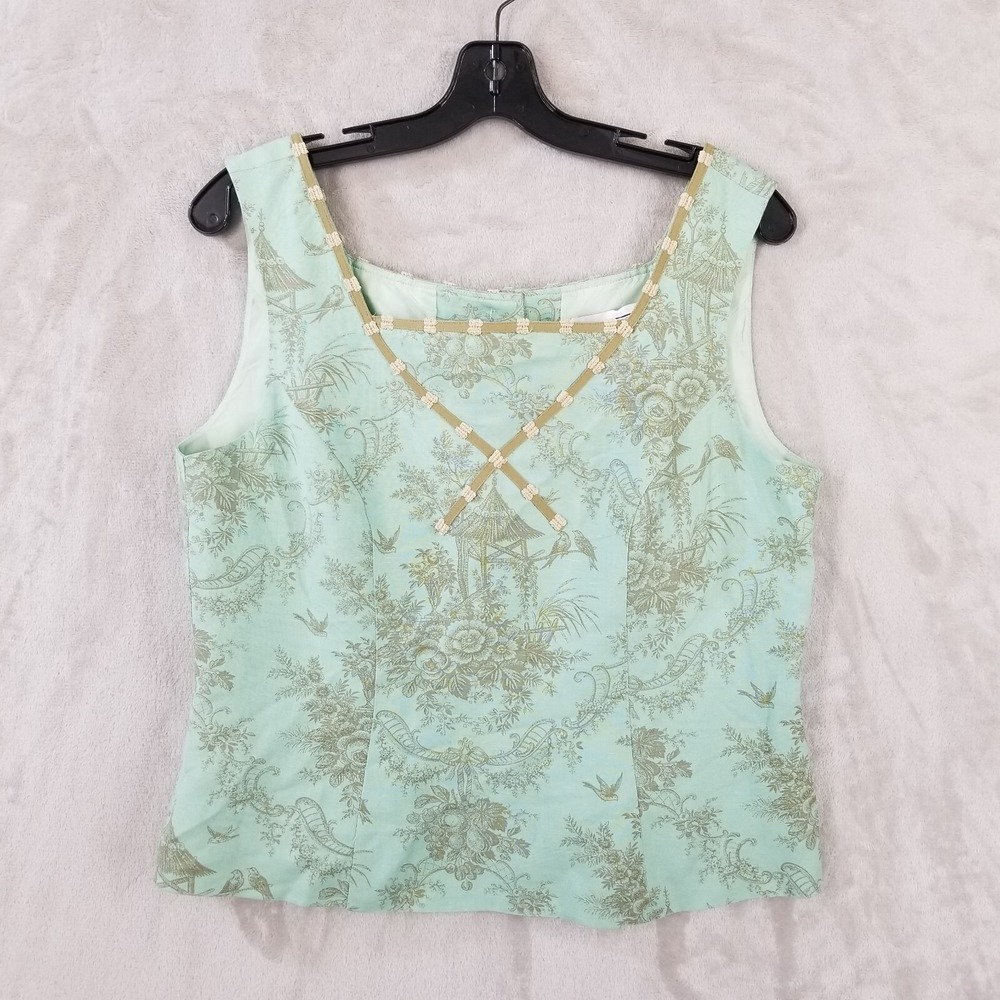 Vintage Tank Top 12 Pastel Green Chinoiserie Button Back‎ Linen Fitted Lined